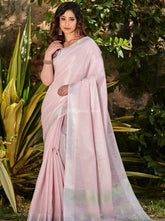 Pure Tissue Linen Sliver Zari Weaves Worked Salmon Pink Saree